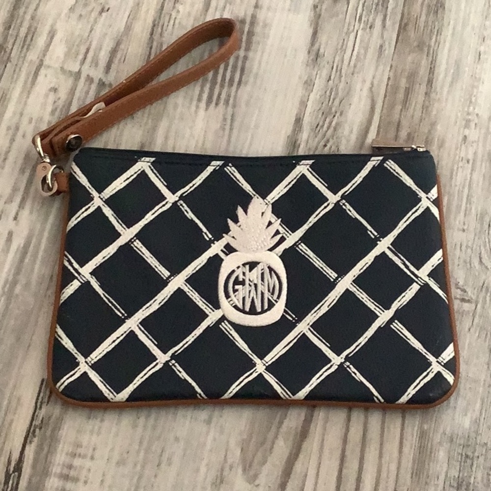 JEWELL wristlet or cosmetic bag pineapple decor blue white single compar…